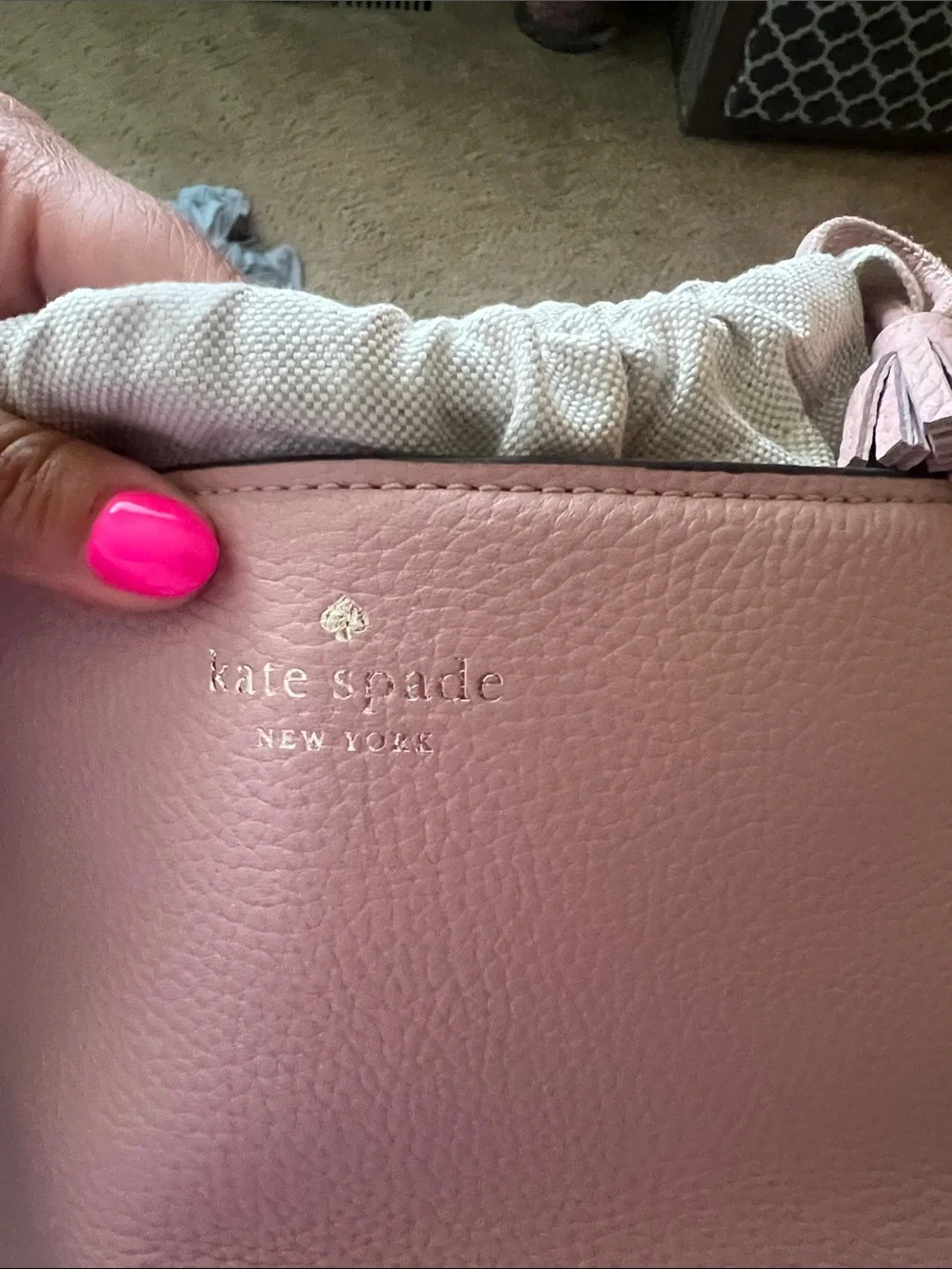 NWOT Kate Spade Pink Pebbled Leather Drawstring Bucket Crossbody